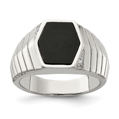 Sterling Silver Rhodium-plated Men's CZ & Onyx Ring