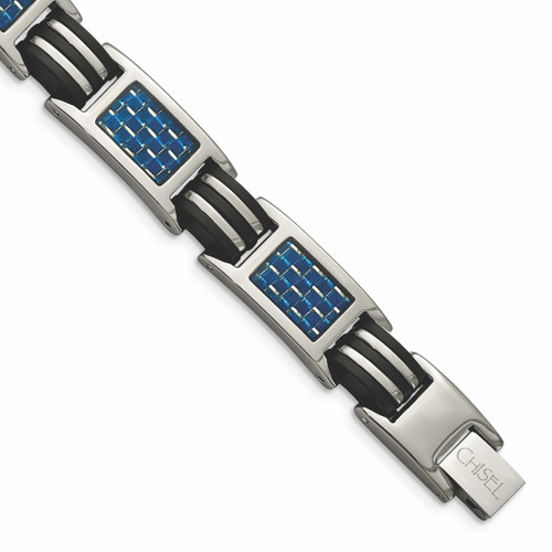 Titanium Polished With  Blue Carbon Fiber Inlay & Rubber Bracelet