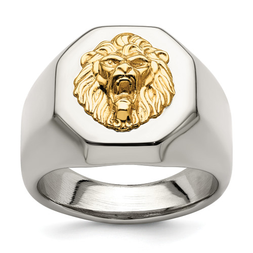 Stainless Steel With 14KT Gold Gold Accent Polished Lion Head Ring