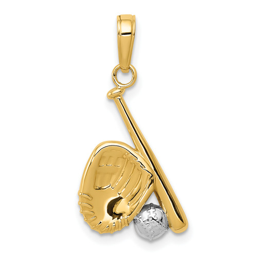 14KT Gold With Rhodium Baseball, Bat, and Glove Pendant