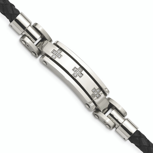 Stainless Steel Black Leather & Diamond Crosses 8.25in Bracelet