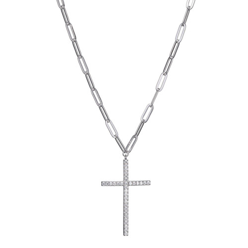 Sterling Silver Necklace made with Paperclip Chain (3mm) and Cubic Zirconia Cross Pendant