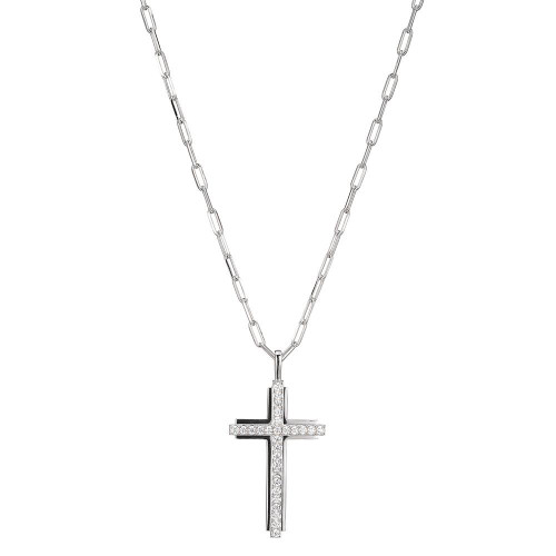 Sterling Silver Necklace made with Paperclip Chain (2mm) and Cubic Zirconia Cross Pendant (35x18mm)