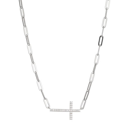 Sterling Silver Necklace made with Paperclip Chain (3mm) and Cubic Zirconia Cross (25x15mm) in Center
