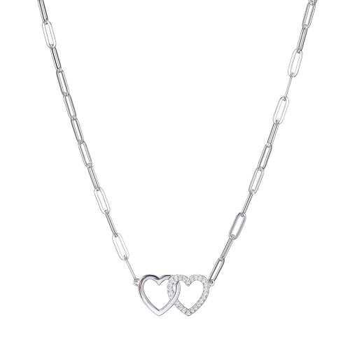 Sterling Silver Necklace Made With Paperclip Chain (3mm) And 2 Hearts In Center
