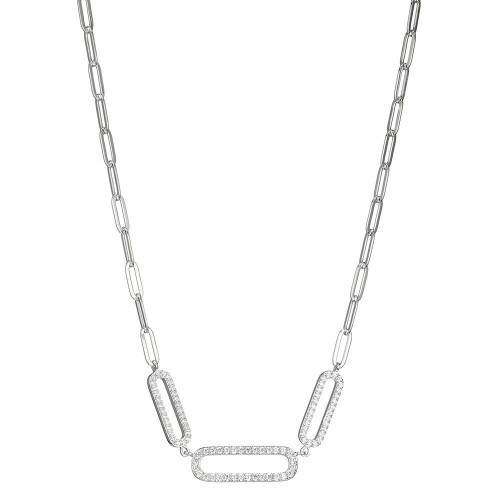 Sterling Silver Necklace made with Paperclip Chain (3mm) and 3 Cubic Zirconia Links in Center