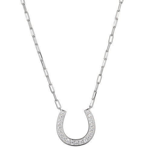 Sterling Silver Necklace made with Paperclip Chain (2mm) and Cubic Zirconia Horseshoe (20x18mm) in Center