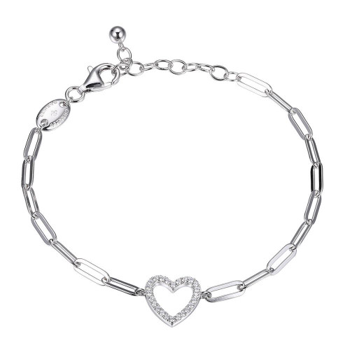 Sterling Silver Bracelet made with Paperclip Chain (3mm) and Cubic Zirconia Open Heart (12x12mm) in Center