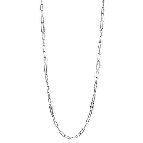 Sterling Silver Station Necklace made with Diamond Cut Paperclip Chain (5mm) and 6 Double Sided CZ Links (18x6mm), Measures 36" Long, Rhodium Finish