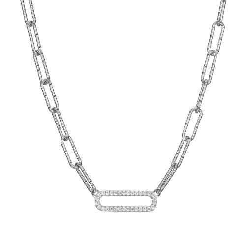 Sterling Silver Necklace made with Diamond Cut Paperclip Chain (5mm) and a CZ Link in Center, Measures 17" Long, Plus 2" Extender for Adjustable Length, Rhodium Finish