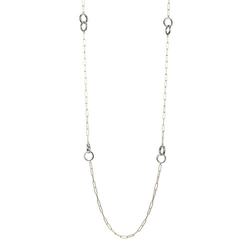 Sterling Silver Necklace made with Diamond Cut Paperclip Chain (3mm) and 4 Double Circle (one CZ Circle, one Plain Circle) Stations, Measures 36" Long, 2 Tone, 18K Yellow Gold and Rhodium Finish