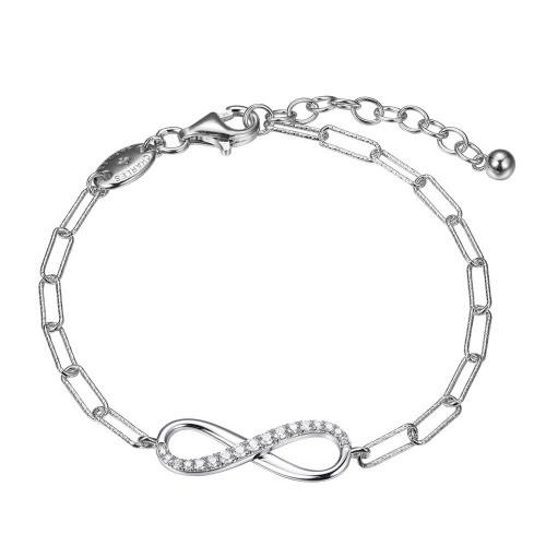 Sterling Silver Bracelet made with Diamond Cut Paperclip Chain (3mm) and Reversible CZ Infinity (24x8mm) in Center , Measures 6.75" Long, Plus 1.25" Extender for Adjustable Length, Rhodium Finish