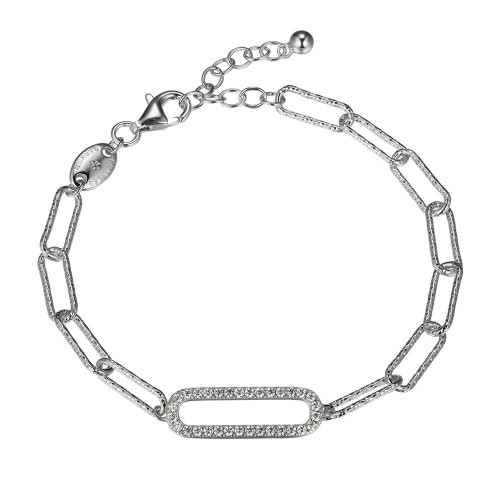 Sterling Silver Bracelet made with Diamond Cut Paperclip Chain (5mm) and a CZ Link (24x8mm) in Center, Measures 6.75" Long, Plus 1.25" Extender for Adjustable Length, Rhodium Finish