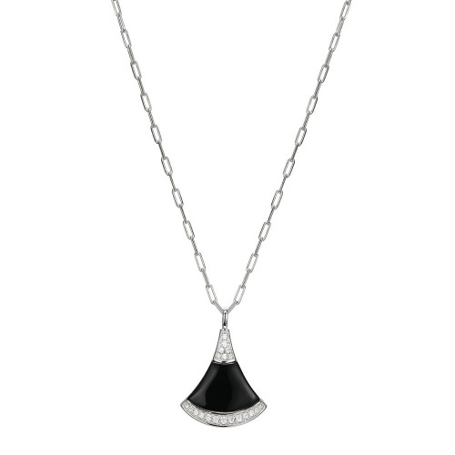 Sterling Silver Necklace made with Paperclip Chain (2mm) and Fan Shape Black Onyx (19x13x2.2mm) with Cubic Zirconia Pendant