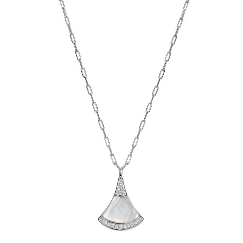 Sterling Silver Necklace made with Paperclip Chain (2mm) and Fan Shape Mother of Pearl (19x13x2.2mm) with Cubic Zirconia Pendant