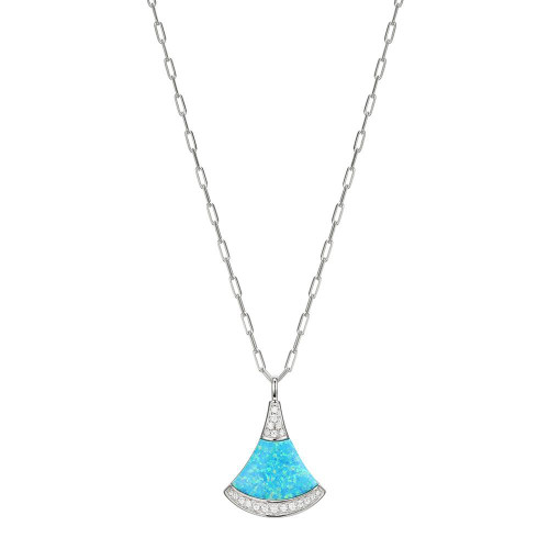 Sterling Silver Necklace made with Paperclip Chain (2mm) and Fan Shape Synthetic Blue Opal (19x13x2.2mm) with Cubic Zirconia Pendant