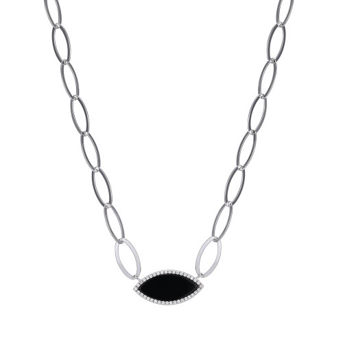 Sterling Silver Necklace made of Marquise Chain (8mm) and Black Onyx with Cubic Zirconia (20x9x1mm) in Center