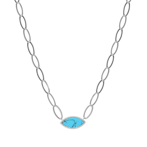 Sterling Silver Necklace made of Marquise Chain (8mm) and Synthetic Turquoise with Cubic Zirconia (20x9x1mm) in Center