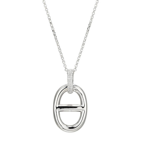 Sterling Silver Necklace made with Rolo Chain and Marina Motif on Cubic Zirconia Bail Pendant (30x18mm)