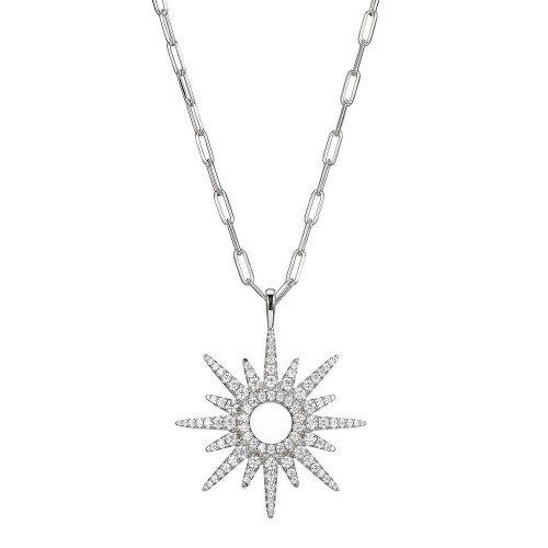 Sterling Silver Necklace made with Paperclip Chain (2mm) and Cubic Zirconia Starburst Pendant (33x27mm)