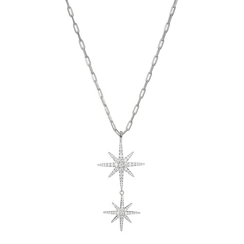 Sterling Silver Necklace made with Paperclip Chain (2mm) and Cubic Zirconia Double Starburst Pendant (50x23mm)