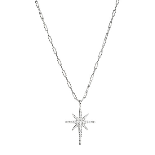 Sterling Silver Necklace made with Paperclip Chain (2mm) and Cubic Zirconia Starburst Pendant (50x23mm)