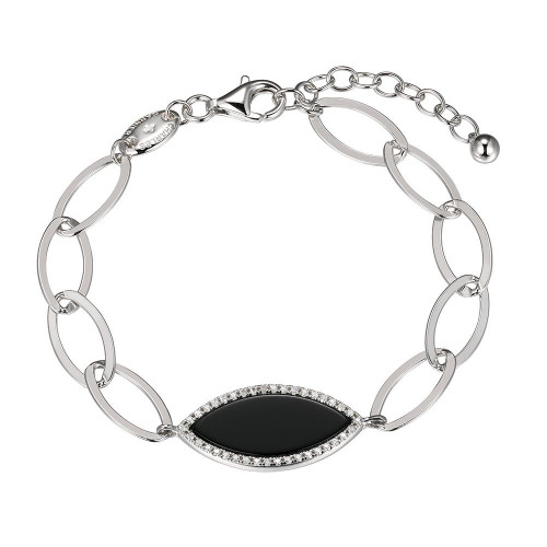 Sterling Silver Bracelet made of Marquise Chain (8mm) and Black Onyx (20x9x1mm) with Cubic Zirconia in Center
