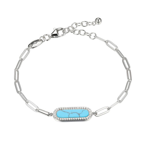 Sterling Silver Bracelet made with Paperclip Chain (3mm) and Synthetic Turquoise with Cubic Zirconia (18x6mm) in Center