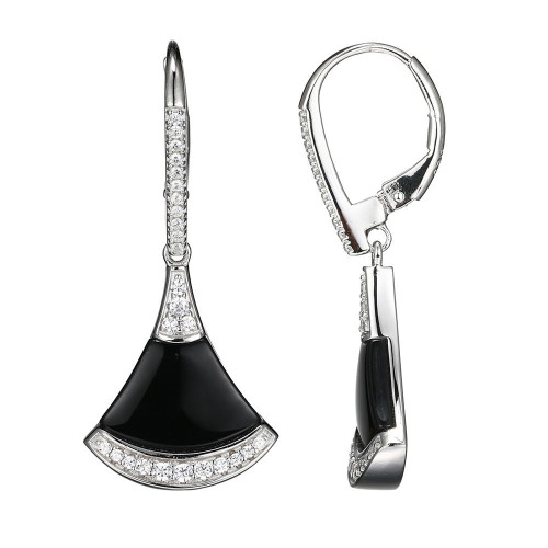 Sterling Silver Earrings with Fan Shape Black Onyx (13x9x2mm) and Cubic Zirconia