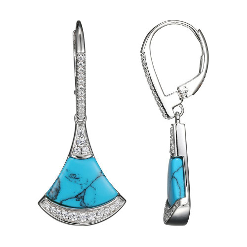 Sterling Silver Earrings with Fan Shape Synthetic Turquoise (13x9x2mm) and Cubic Zirconia