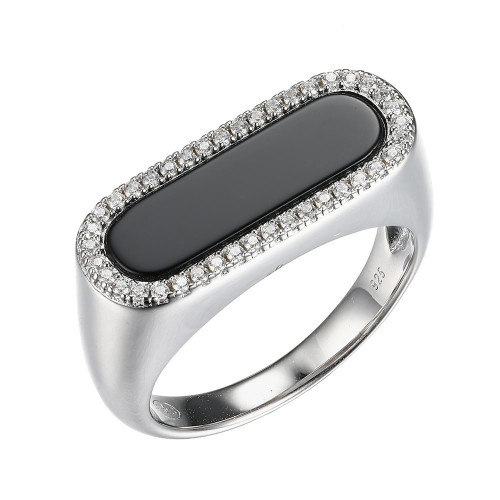 Sterling Silver Ring with Black Onyx (17x5mm) and Cubic Zirconia