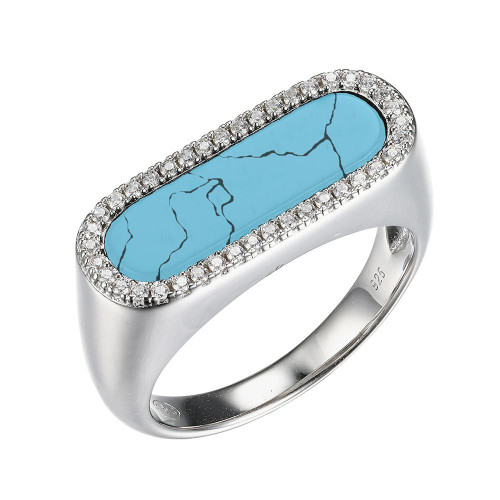 Sterling Silver Ring with Synthetic Turquoise (17x5mm) and Cubic Zirconia
