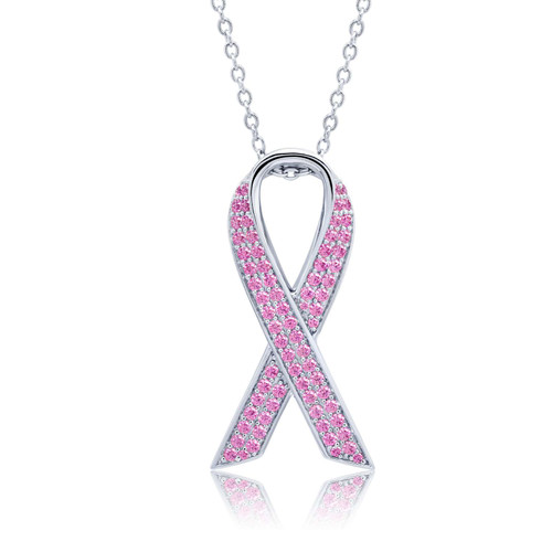 Lafonn Pave Pink Ribbon Necklace bonded in Platinum