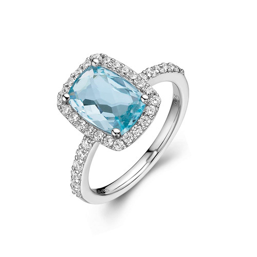 Lafonn Genuine Blue Topaz Halo Ring bonded in Platinum