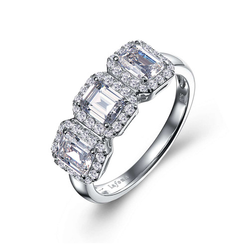 Lafonn Three-Stone Halo Engagement Ring bonded in Platinum