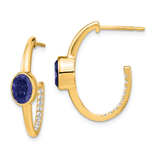 14k Oval Created Sapphire and Diamond J-Hoop Earrings