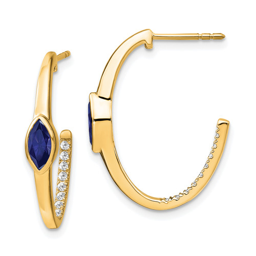 14k Marquise Created Sapphire and Diamond J-hoop Earrings
