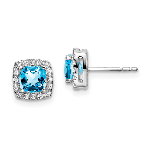 14k White Gold Cushion Blue Topaz and Diamond Halo Earrings