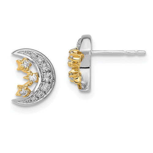 14k Two-tone Moon with 3Stars Diamond Post Earrings