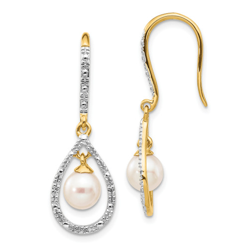 14k 6-7mm White Round FWC Pearl .02ct. Diamond Dangle Earrings