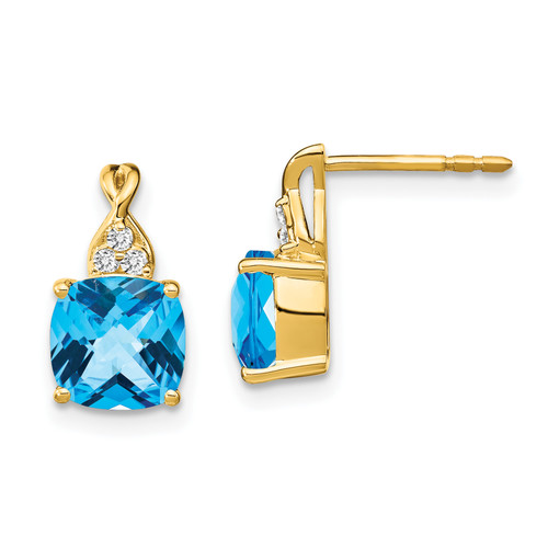 14k Checkerboard Blue Topaz and Diamond Earrings