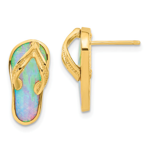 14k Polished with Created White Opal Flip Flop Post Earrings