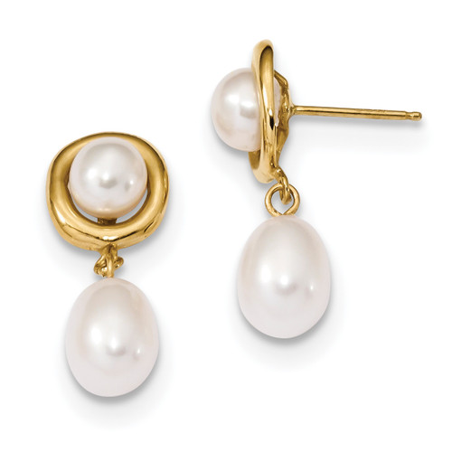 14k 5-7mm White Round/Rice Freshwater Cultured Pearl Dangle Post Earrings