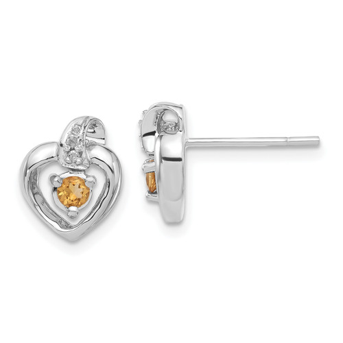 14k White Gold Diamond and Citrine November Birthstone Heart Earrings