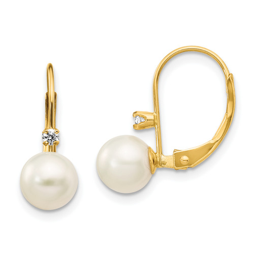 14K 6-7mm Round FW Cultured Pearl .06ct. Diamond Leverback Earrings