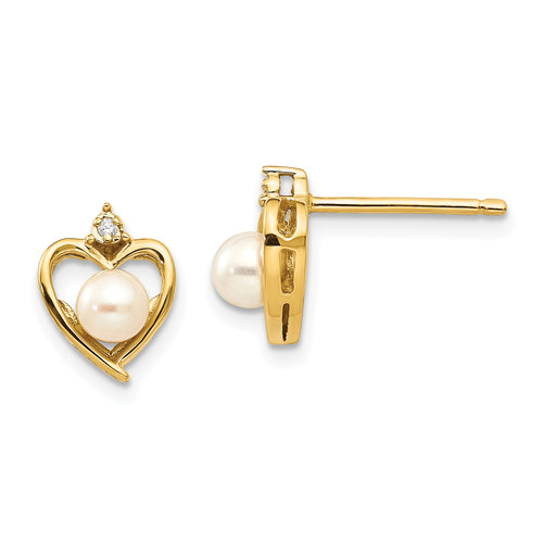 14k FW Cultured Pearl and Diamond Heart Earrings