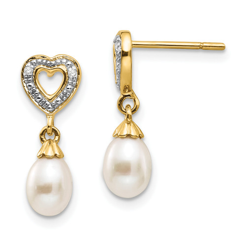 14k 7x5mm Teardrop FWC Pearl .01ct Heart Diamond Dangle Earrings