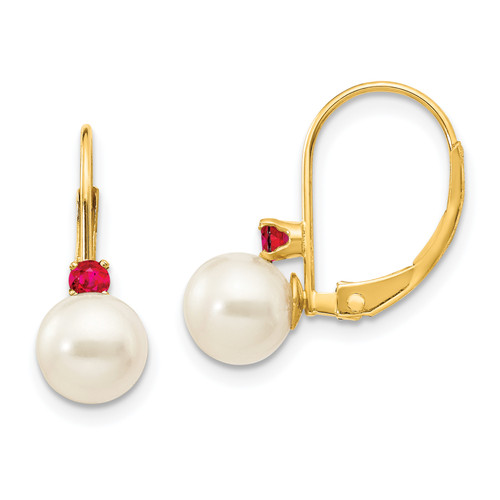 14k 6-6.5mm White Round FW Cultured Pearl Ruby Leverback Earrings