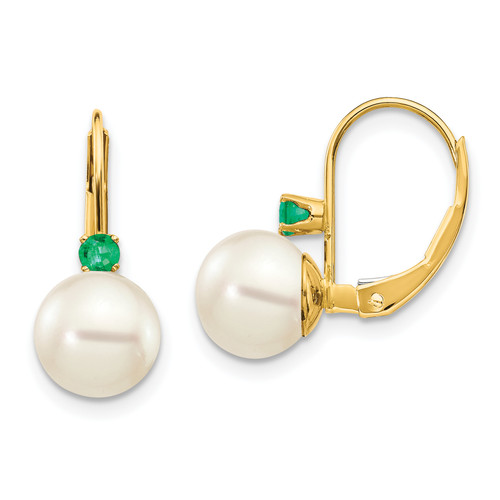 14k 7-7.5mm White Round FW Cultured Pearl Emerald Leverback Earrings