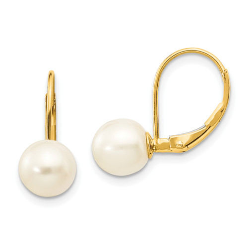 14K 7-8mm White Round Freshwater Cultured Pearl Leverback Earrings
